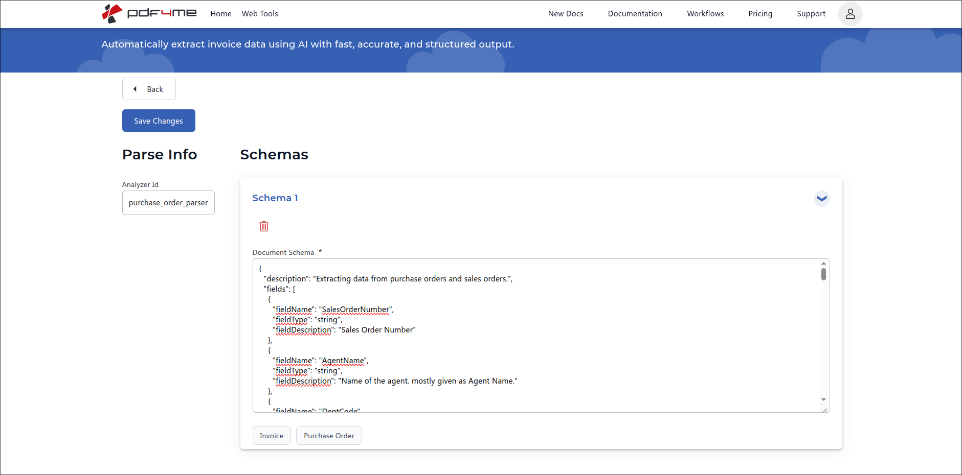O cartão PDF4me AI Document Parser Schema 1 abre com um editor de esquema de documento exibindo JSON com a descrição "Extraindo dados de pedidos de compra e pedidos de venda", e uma matriz de campos com SalesOrderNumber (string, número do pedido de venda), AgentName (string, nome do agente, geralmente exibido como "Nome do Agente") e DeptCode (parcialmente visível). Abaixo do editor, encontram-se os botões de preenchimento rápido para Fatura e Pedido de Compra.